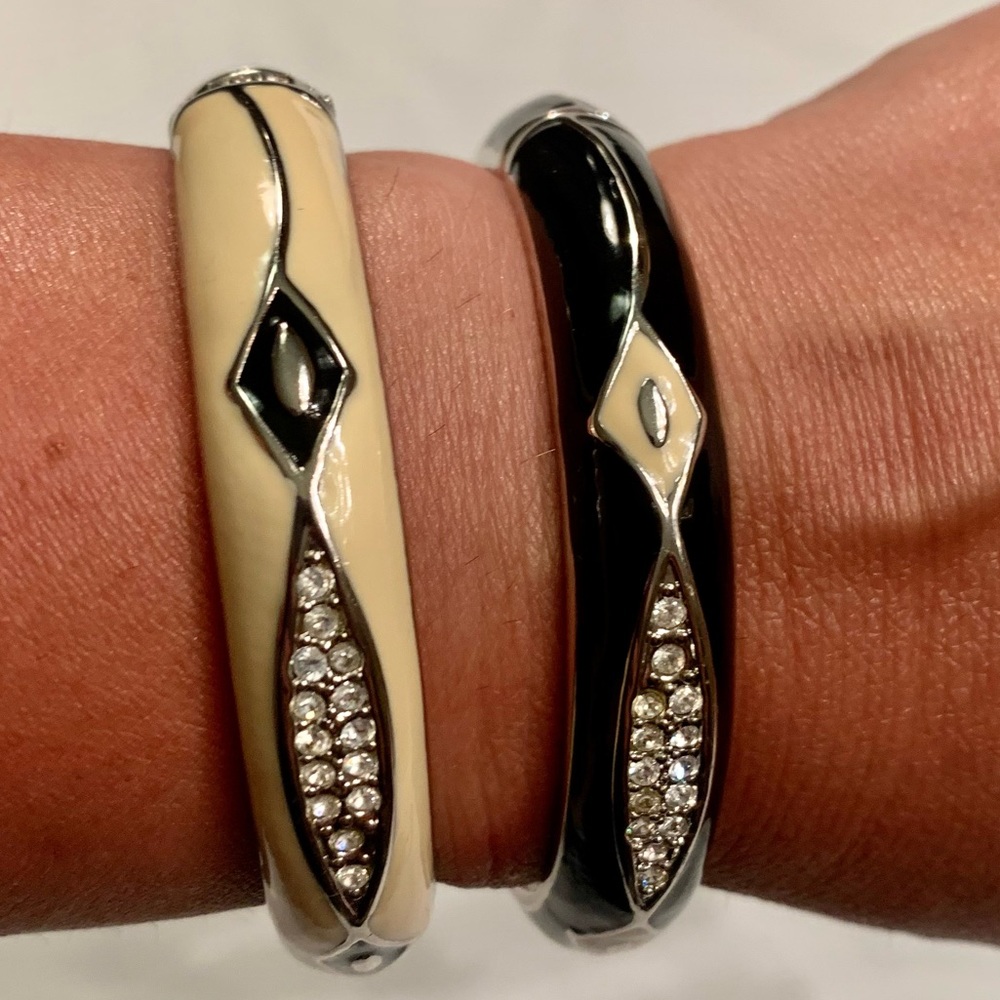 Vintage Black and Cream Enamel Crystal Accent Bracelets